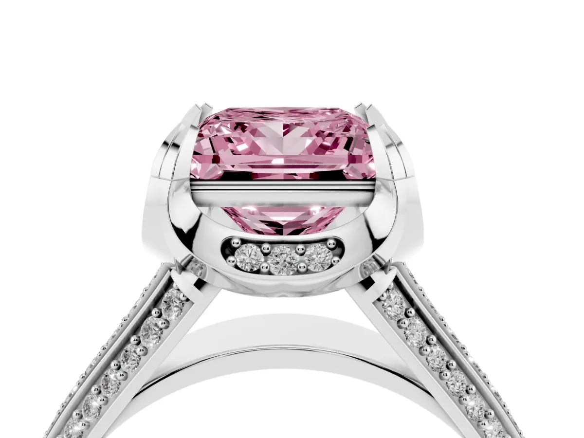 Fancy Pink Princess Cut Solitaire Pave Split Shank Ring with Four-Prong Setting Silver