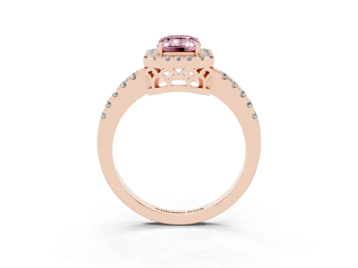 Fancy Pink Emerald Cut Halo Diamond Engagement Ring with Pavé Band and Four-Prong Setting Rose gold