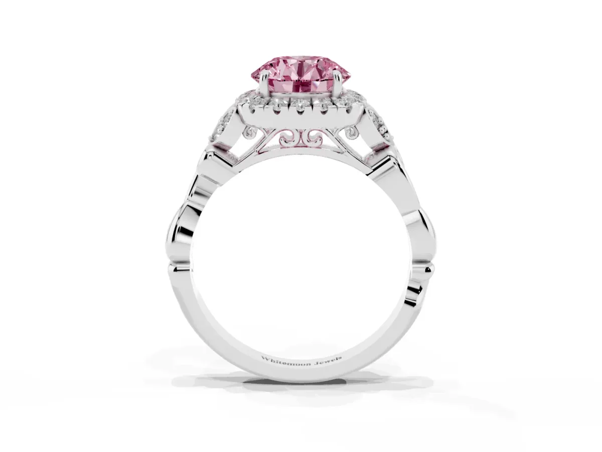 Fancy Pink Round Cut Halo Diamond Engagement Ring with Vintage-Inspired Band and Four-Prong Setting Silver