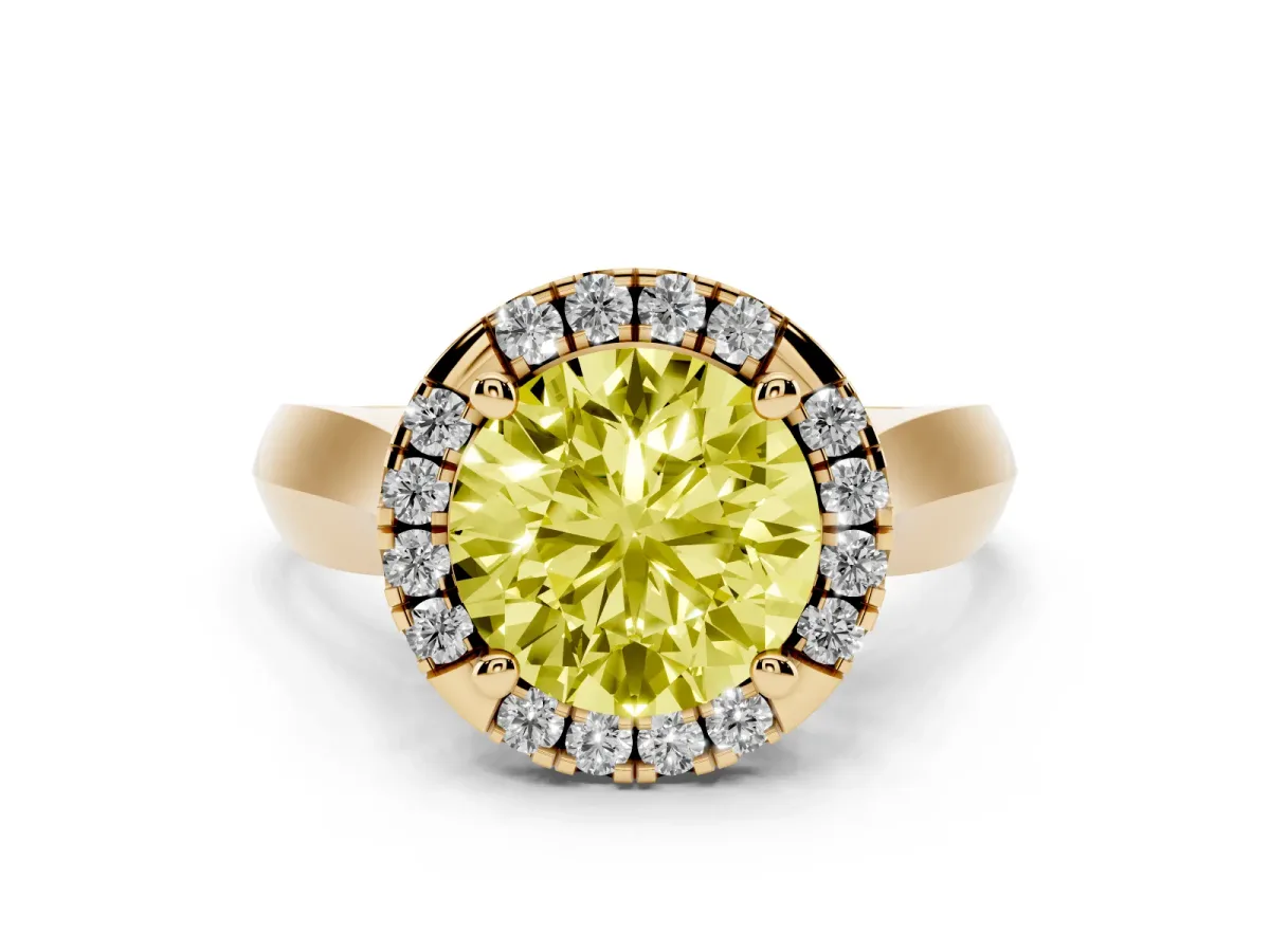 Fancy Yellow Round Cut Cut Halo Solitaire Engagement Ring with Square Band and Four-Prong Setting Yellow gold