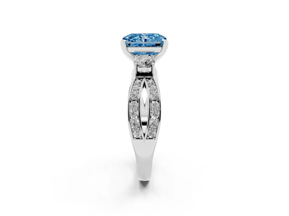 Fancy Blue Three-Stone Radiant Cut Cut Diamond Twist Band with Prong Setting Platinum