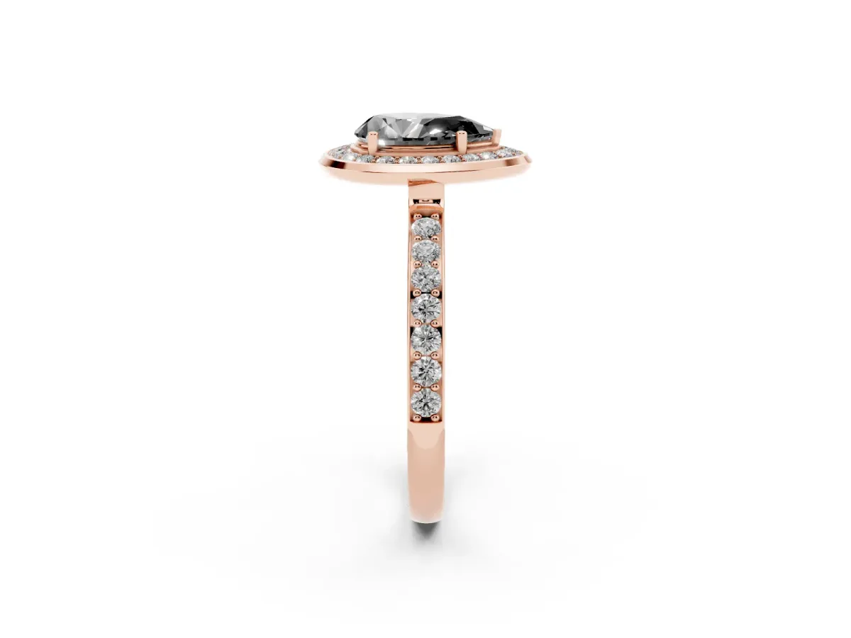 Fancy Black Pear Cut Diamond Halo Ring with Bezel Frame and Pavé Band Rose gold