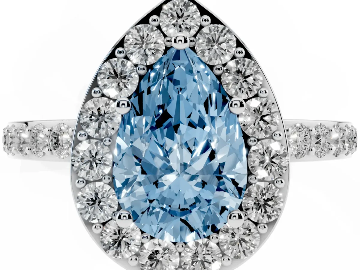 Fancy Blue Pear Cut Halo Diamond Pavé Band Ring with Prong Setting Platinum