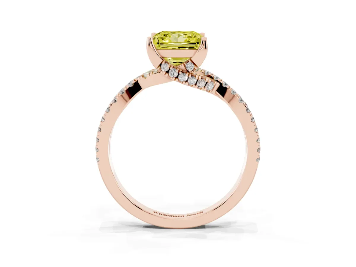 Fancy Yellow Princess Cut Solitaire Twist Pave Diamond Engagement Ring with Prong Setting Rose gold