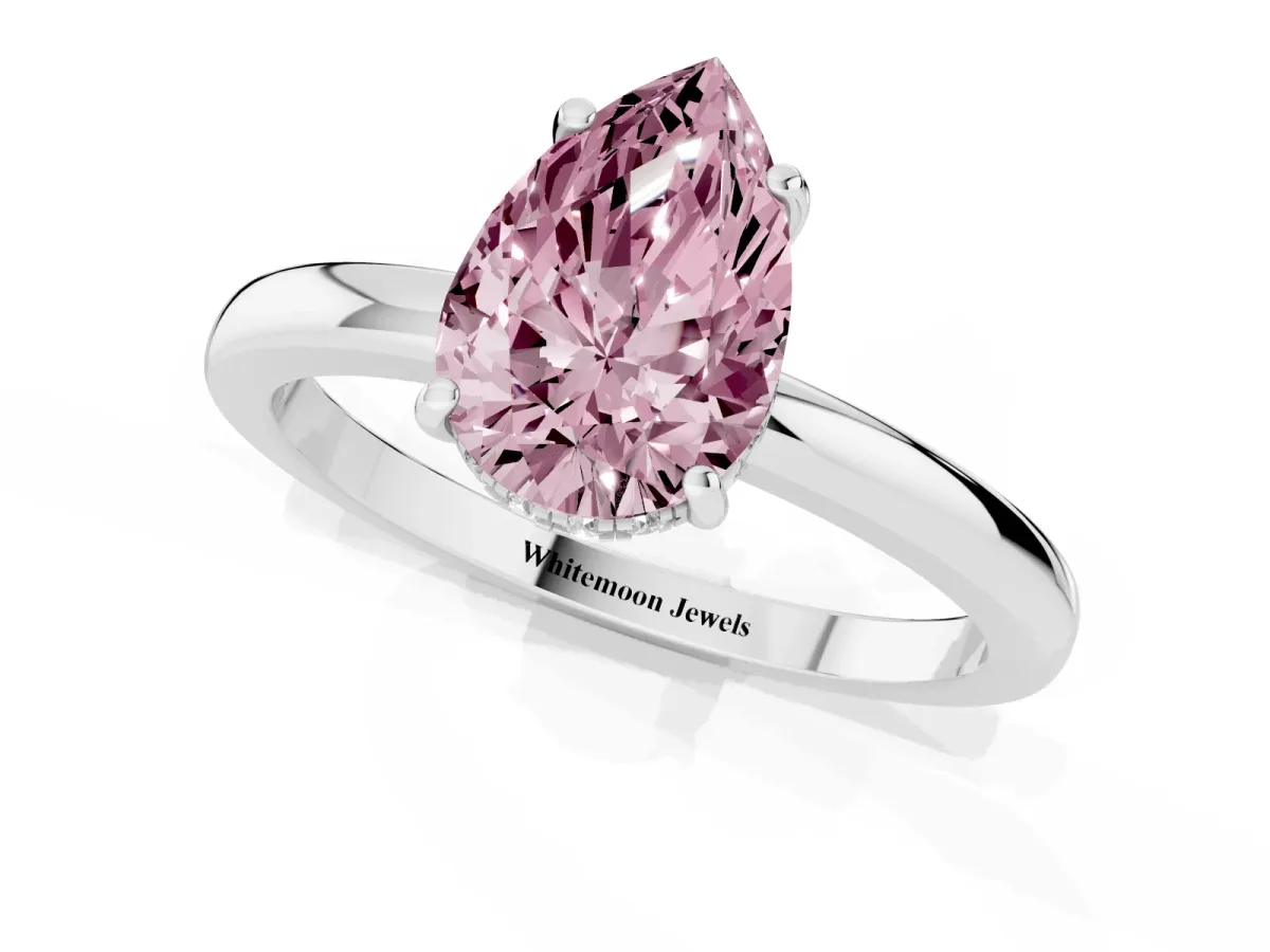 Fancy Pink Pear Cut Solitaire Diamond Ring with Prong Setting and Plain Band White gold