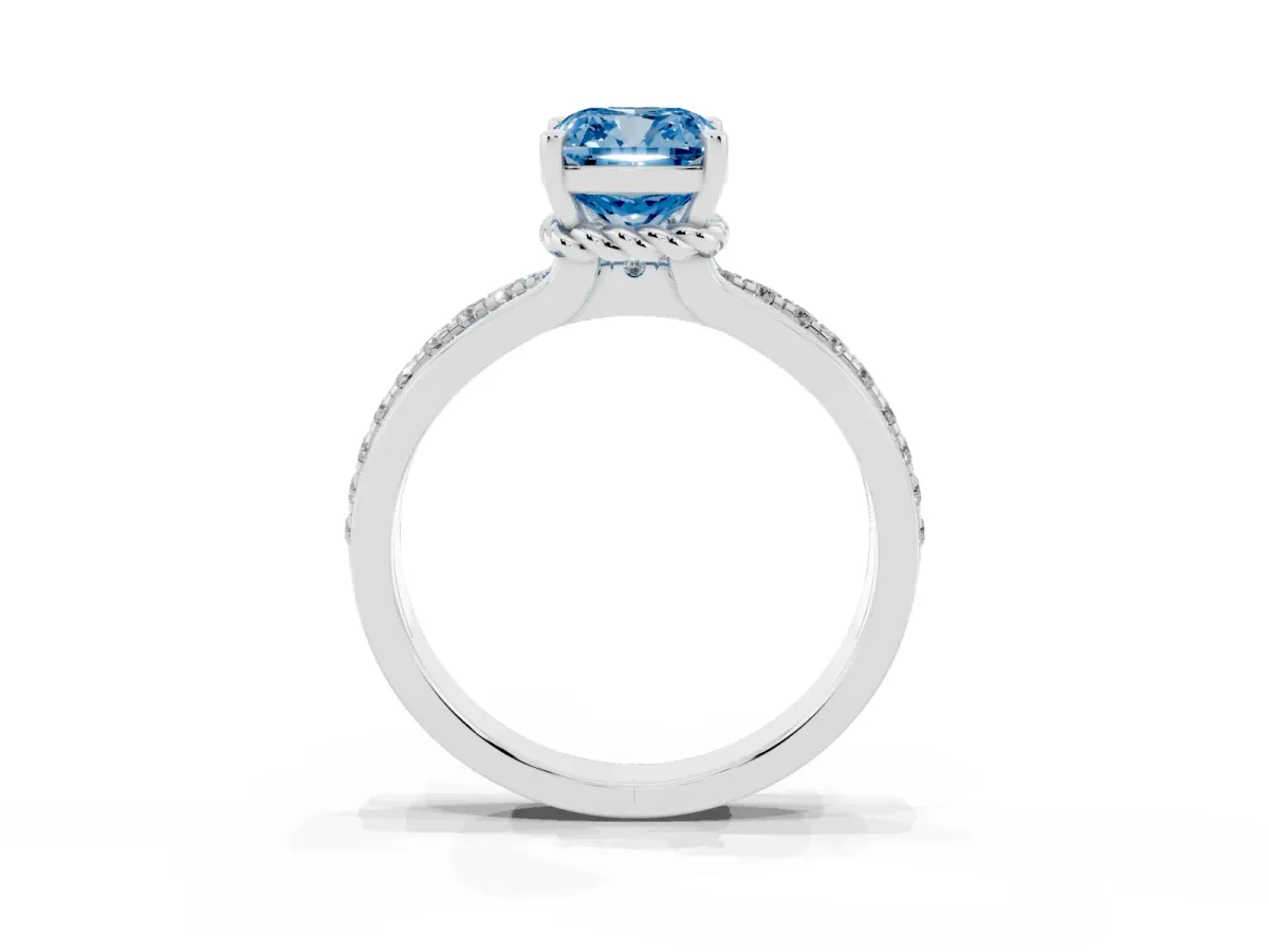 Fancy Blue Cushion Cut Solitaire Diamond Ring with Channel Set Band and Six-Prong Setting Platinum