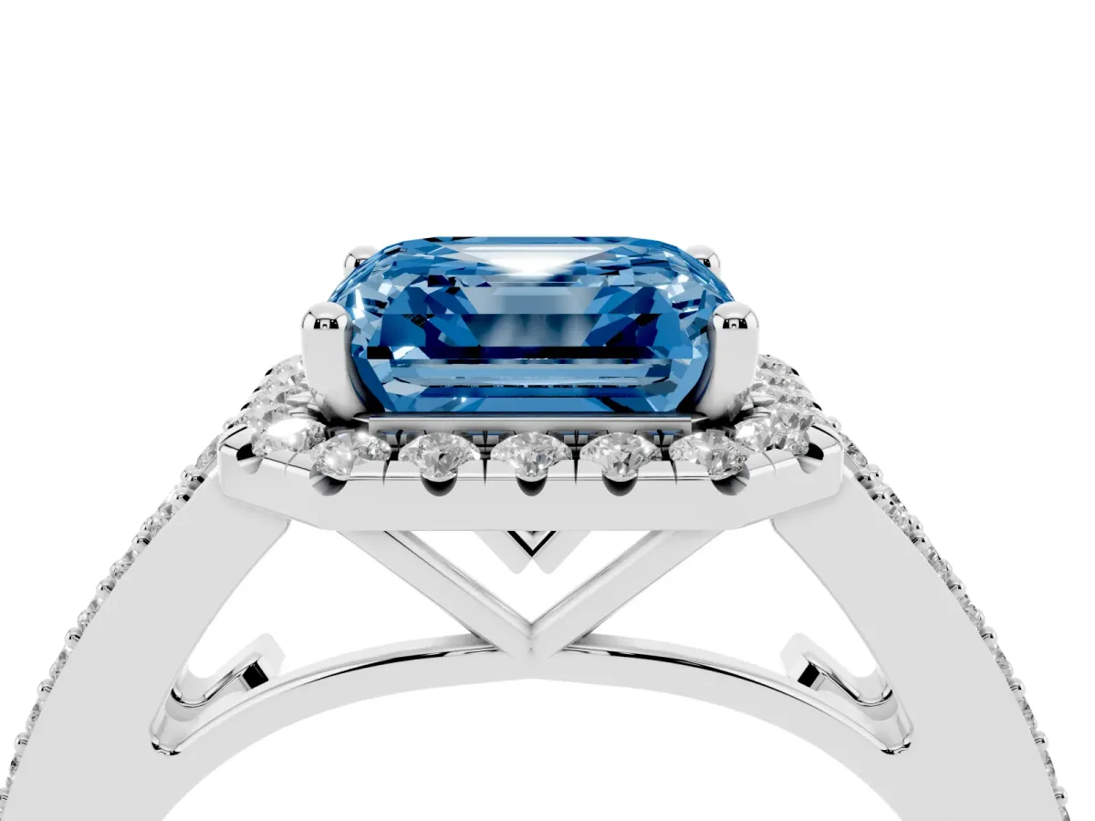 Fancy Blue Asscher Cut Halo Split Shank Diamond Ring with Prong Setting Platinum