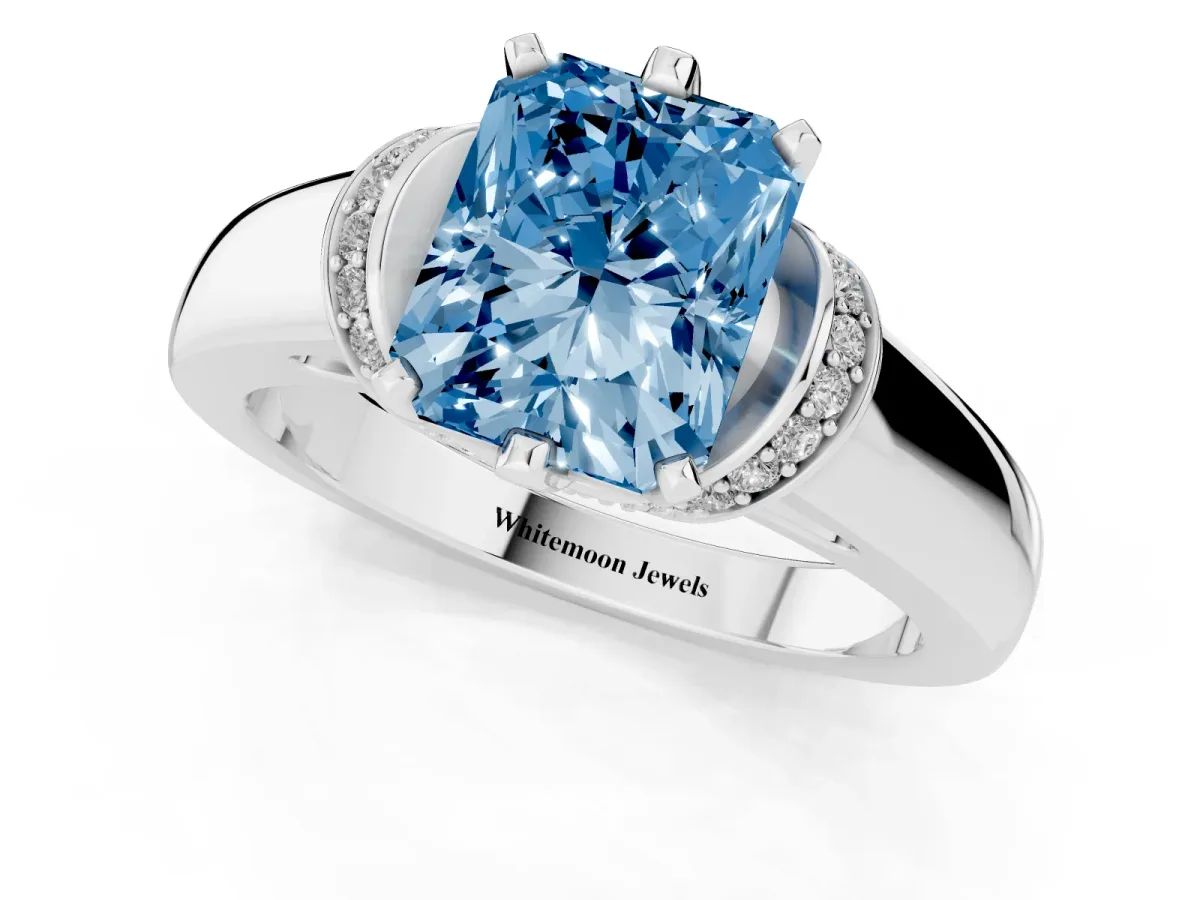 Fancy Blue Radiant Cut Solitaire Diamond Ring with Pave Band and Six-Prong Setting Silver