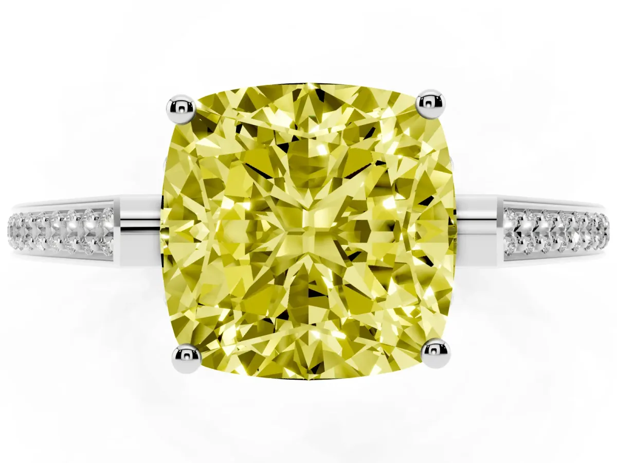 Fancy Yellow Cushion Cut Cut Cathedral Pave Diamond Engagement Ring with Six-Prong Setting Silver