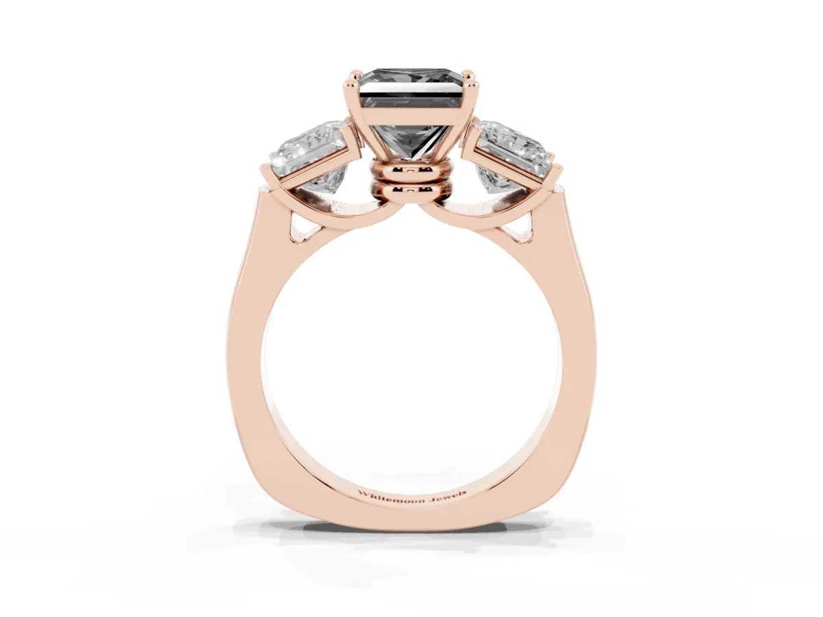 Fancy Black Three-Stone Princess Cut Brilliant Diamond Trellis Ring with Comfort Fit Band Rose gold