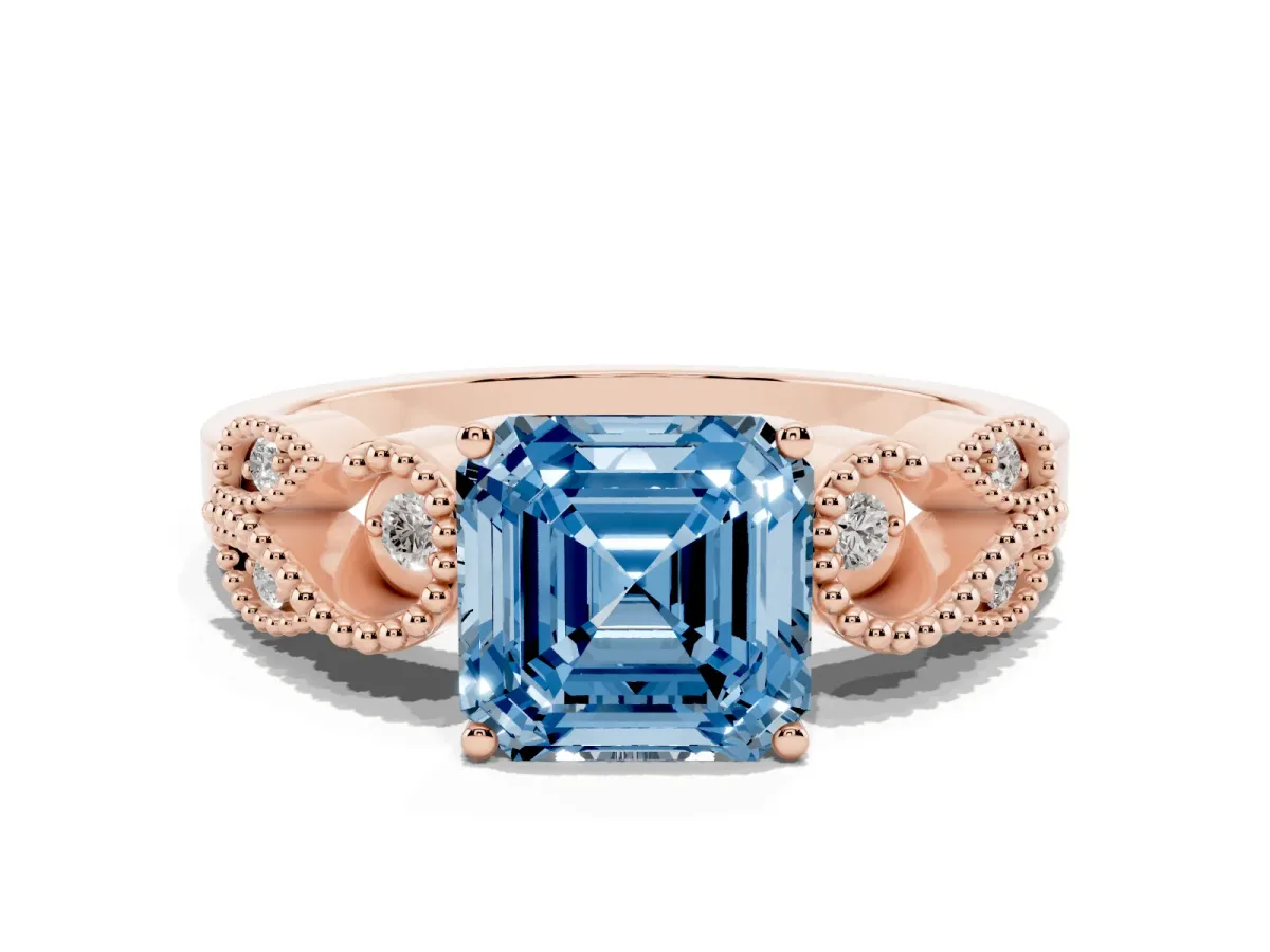 Fancy Blue Asscher Cut Solitaire Milgrain Leaf Band with Prong Setting Rose gold