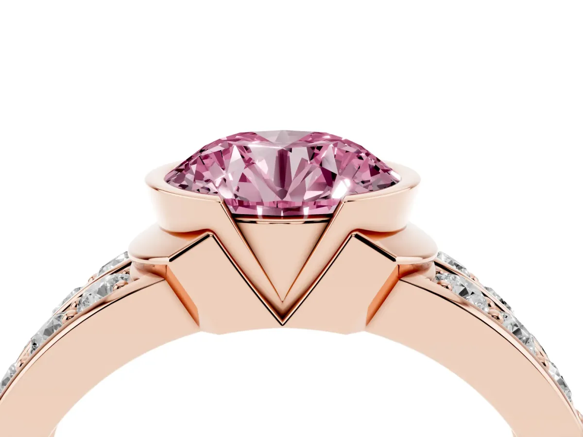 Fancy Pink Round Cut Brilliant Diamond Channel Set Wide Band Ring with Bezel Setting Rose gold
