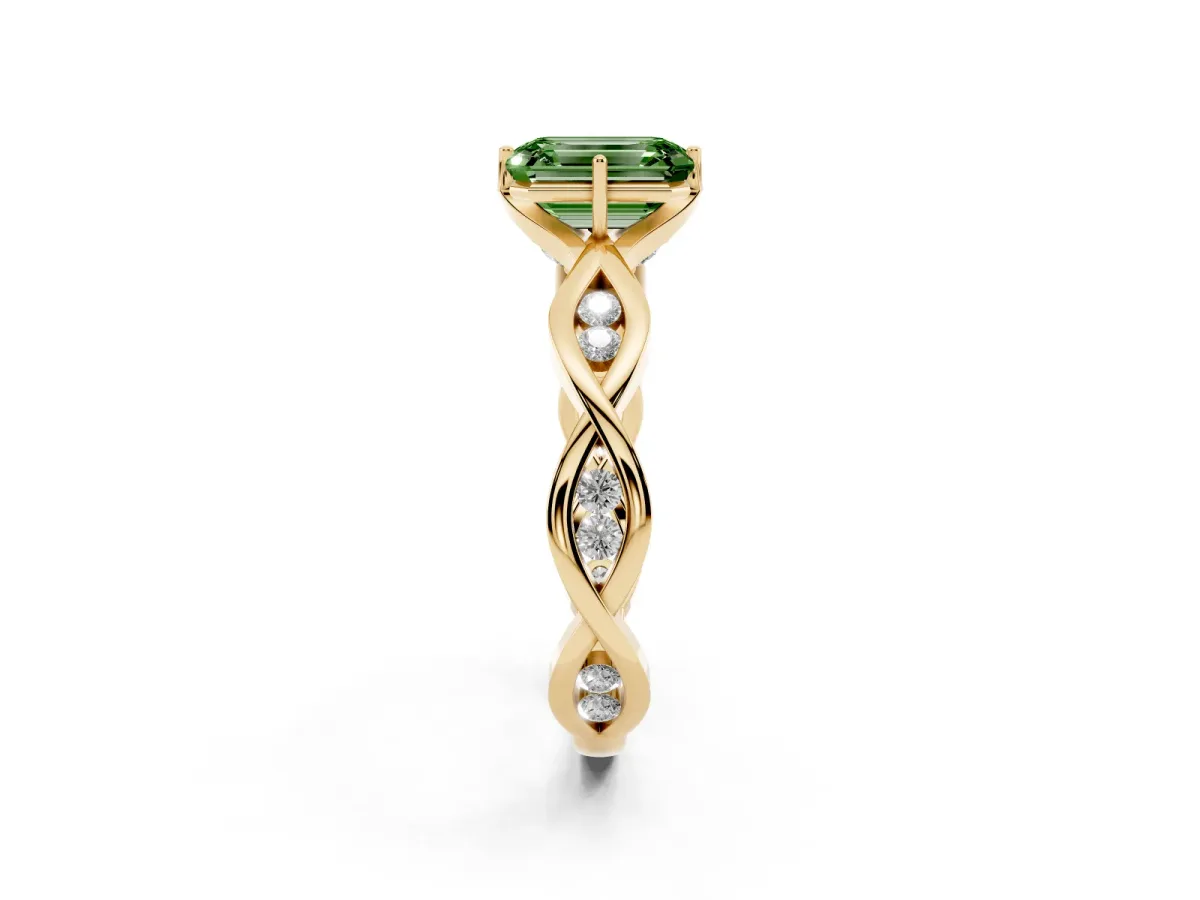 Fancy Green Emerald Cut Solitaire Twist Band with Leaf Prong Setting Yellow gold