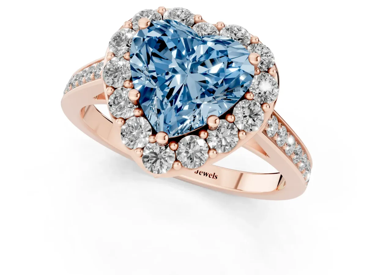 Fancy Blue Heart Cut Diamond Floral Halo Ring with Pavé Band and Prong Setting Rose gold