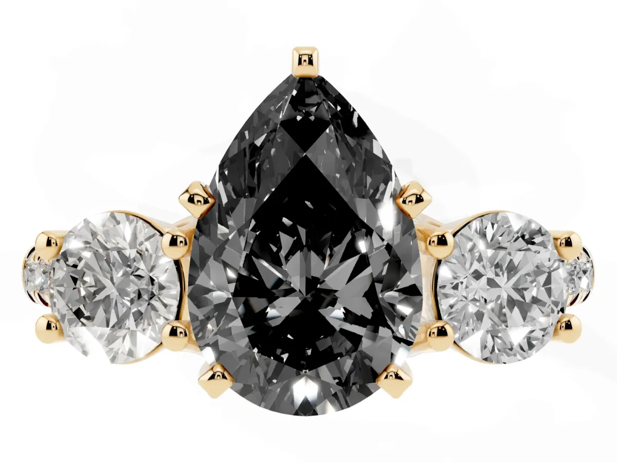 Fancy Black Three-Stone Pear Cut Diamond Pavé Band with Four-Prong Setting Yellow gold