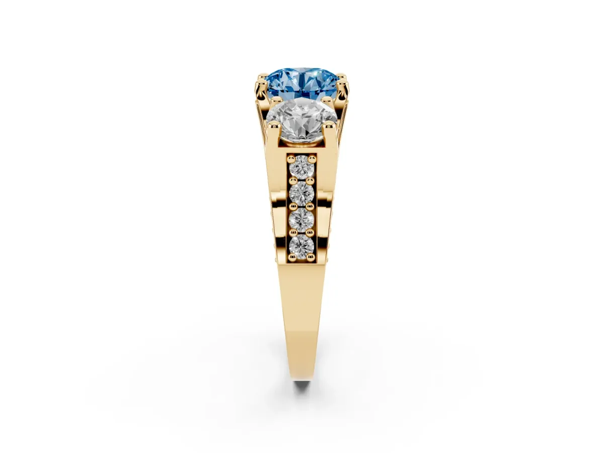 Fancy Blue Round Cut Diamond Three-Stone Ring with Channel Set Band and Four-Prong Setting Yellow gold