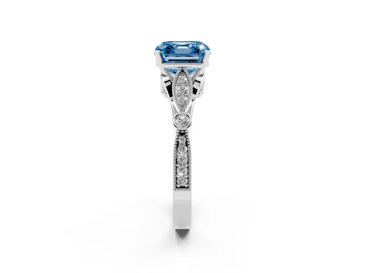 Fancy Blue Asscher Cut Cut Diamond with Milgrain Marquise and Bezel Accents on a Solitaire Band with Prong Setting Silver