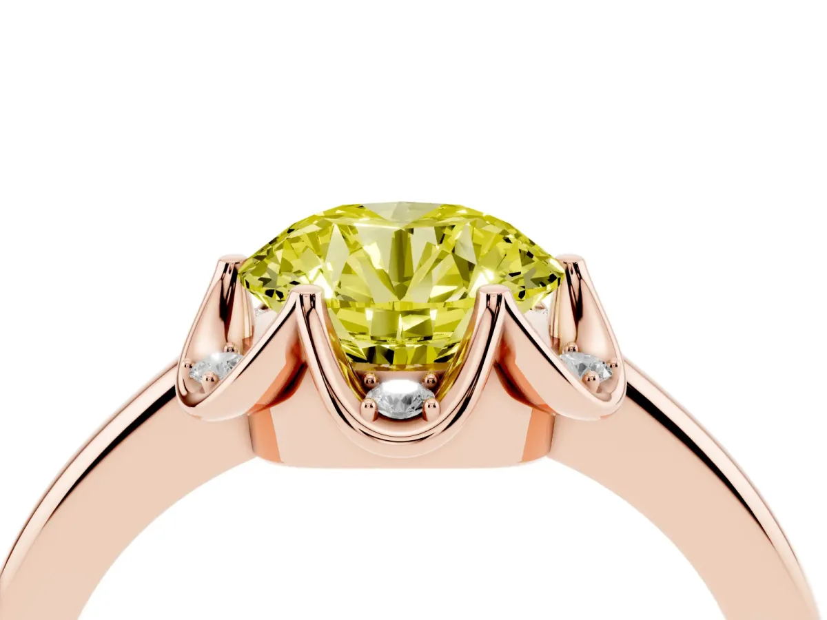 Fancy Yellow Round Cut Halo Diamond Ring with Round Cluster Setting, Solitaire Band, and Four-Prong Setting Rose gold