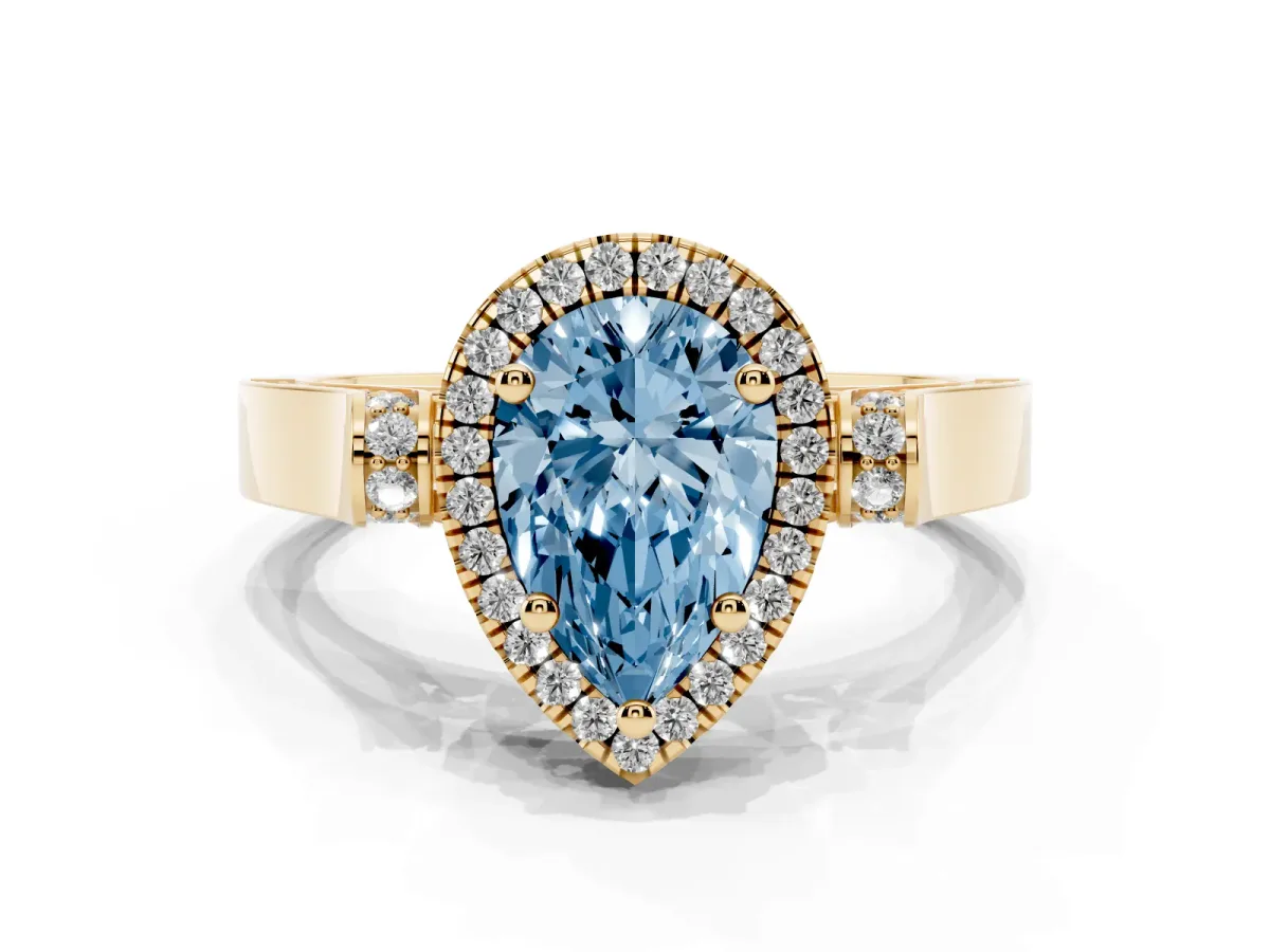 Fancy Blue Pear Cut Halo Pave Split Shank Prong Setting Ring Yellow gold
