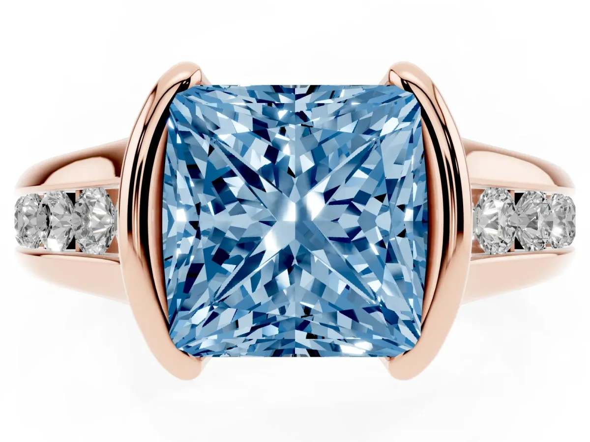 Fancy Blue Princess Cut Solitaire Bezel-Set Diamond Ring with Channel-Set Band Rose gold