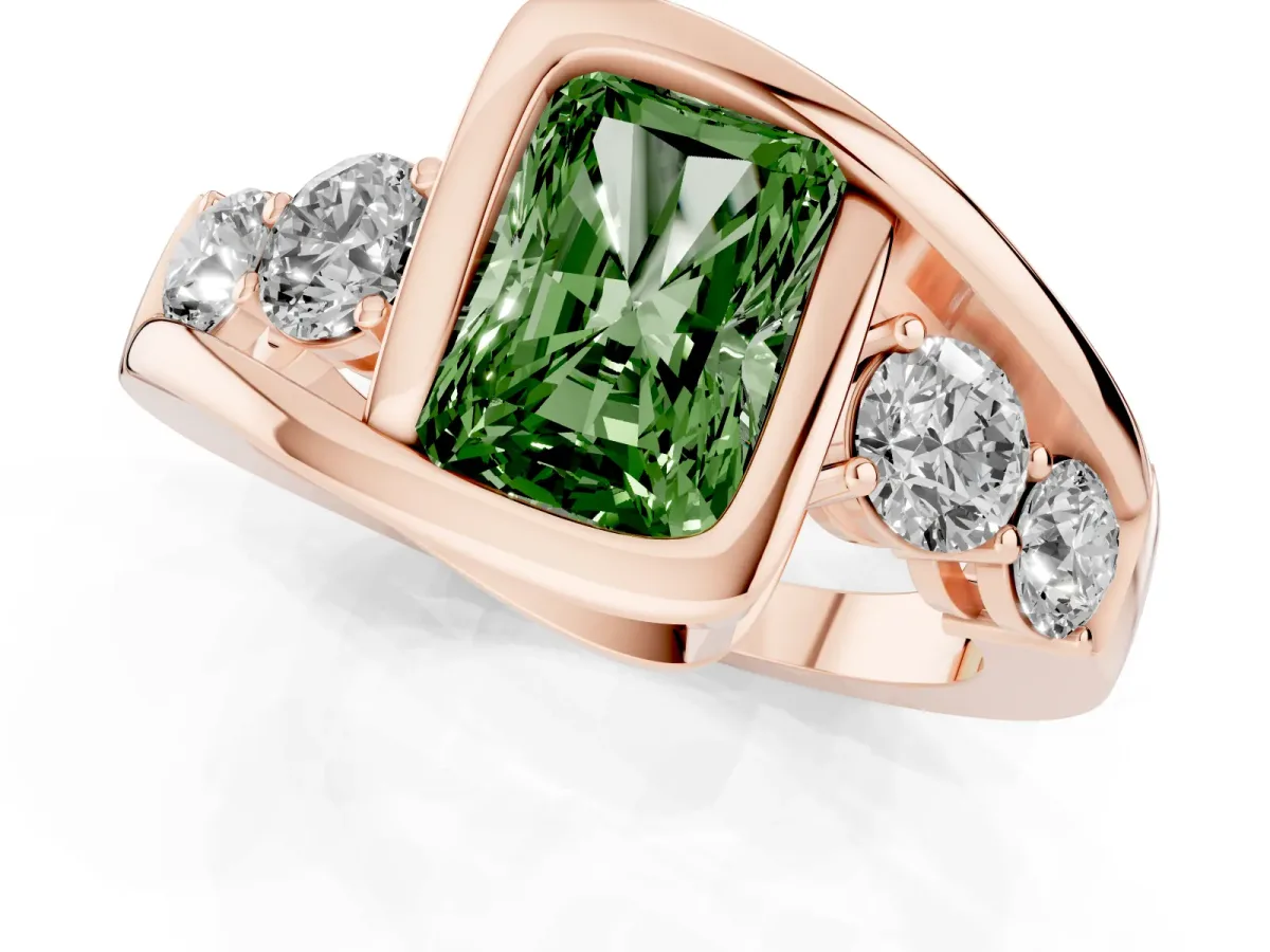 Fancy Green Bezel Set Radiant Cut Diamond Bypass Ring with Round Accents Rose gold