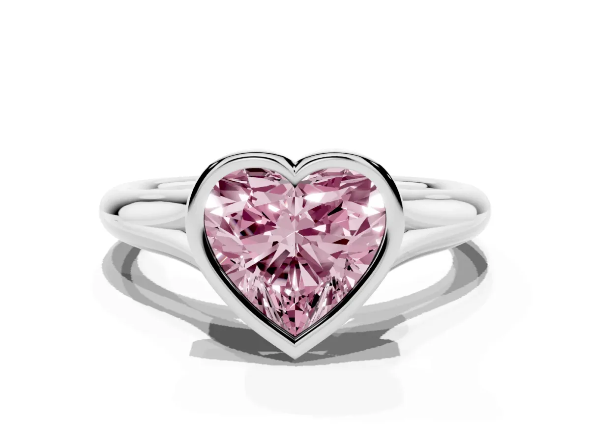 Fancy Pink Bezel Set Heart Cut Solitaire Diamond Ring with Smooth Band Platinum