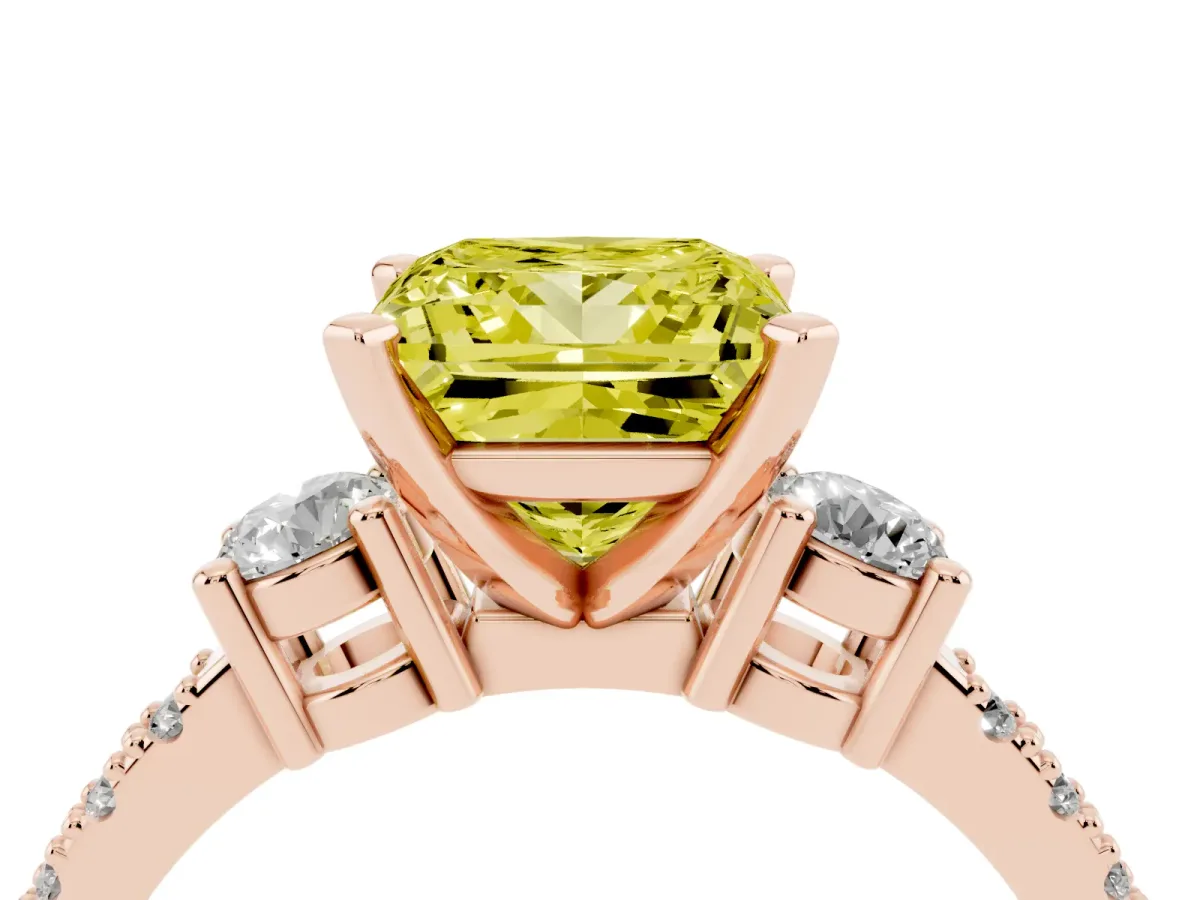 Fancy Yellow Princess Cut Three-Stone Diamond Pavé Band with Prong Setting Rose gold