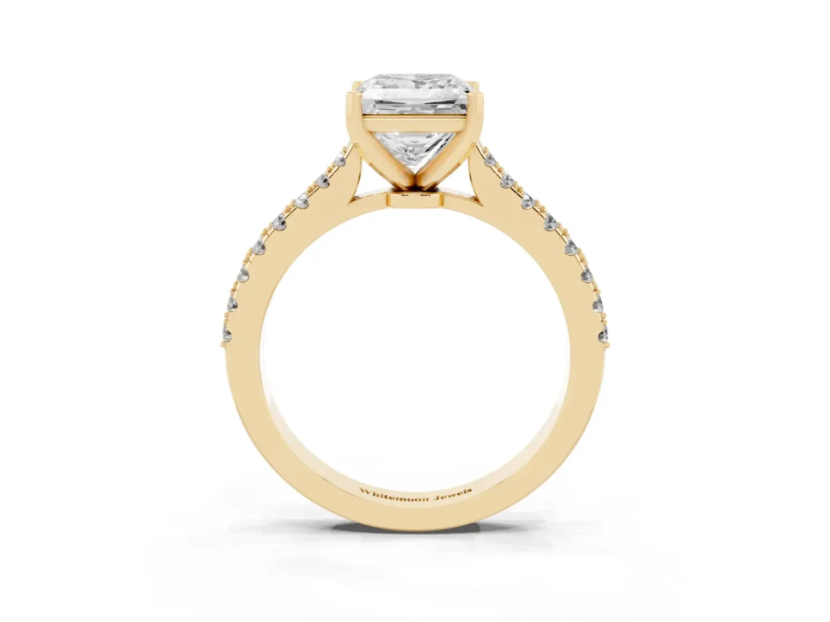 Princess Cut Cut Solitaire Diamond Engagement Ring with Pave Band and Four-Prong Setting Yellow gold