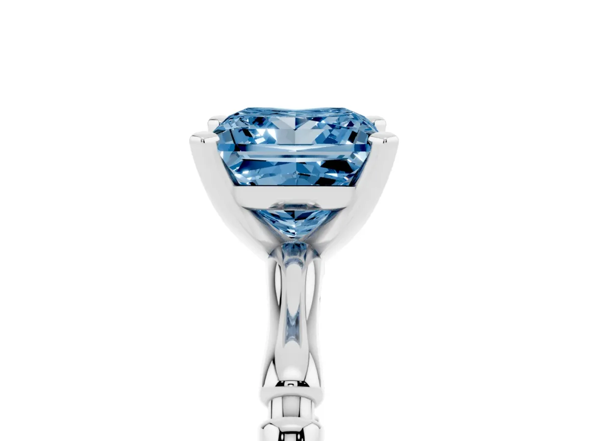 Fancy Blue Princess Cut Solitaire Diamond Ring with Bamboo Band and Four-Prong Setting Silver