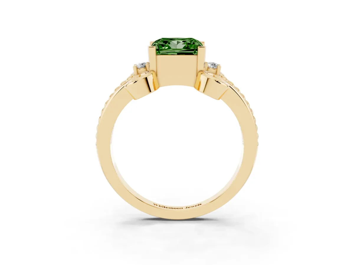 Fancy Green Princess Cut Solitaire Twisted Band Scroll Prong Ring Yellow gold