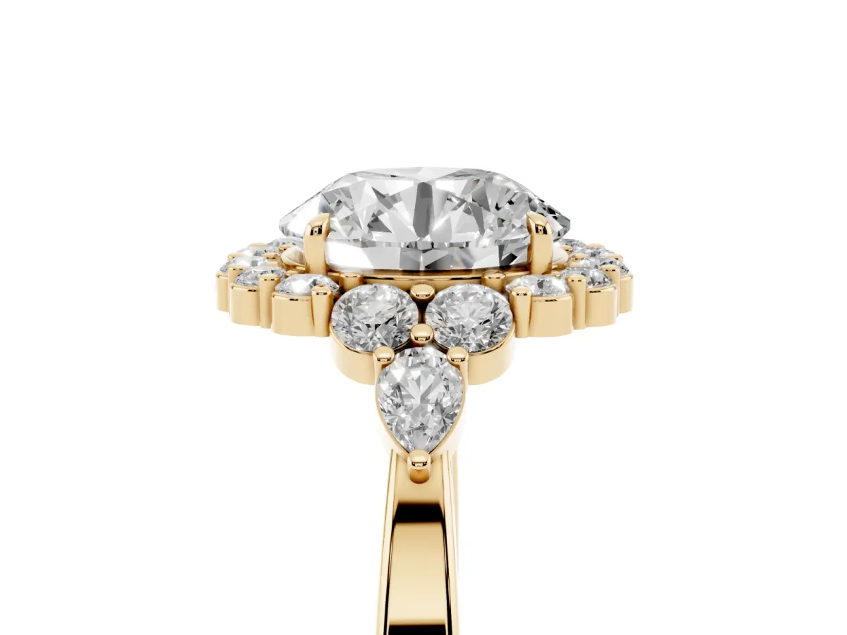 Round Cut Diamond Halo Ring with Pear Side Stones and Prong Setting Yellow gold