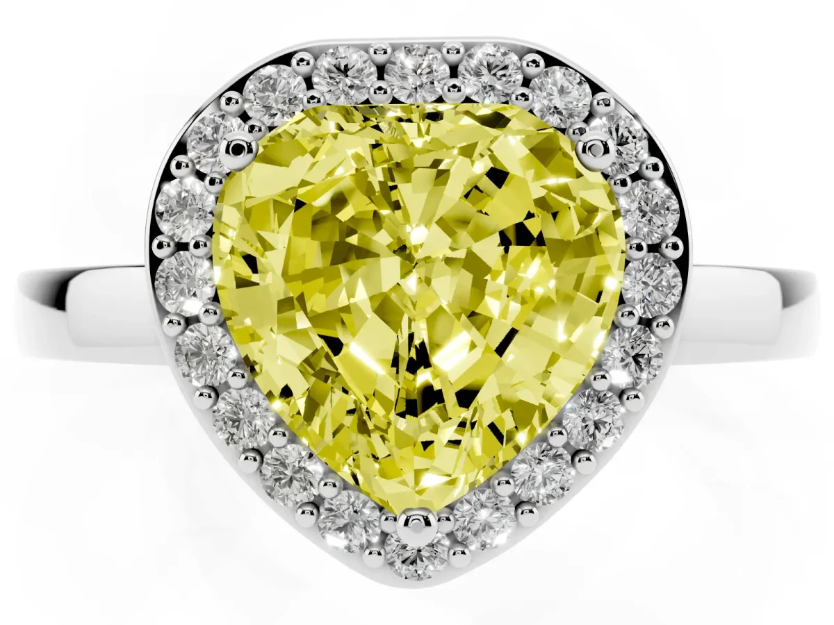 Fancy Yellow Heart Cut Halo Diamond Ring with Solitaire Band and Prong Setting Silver