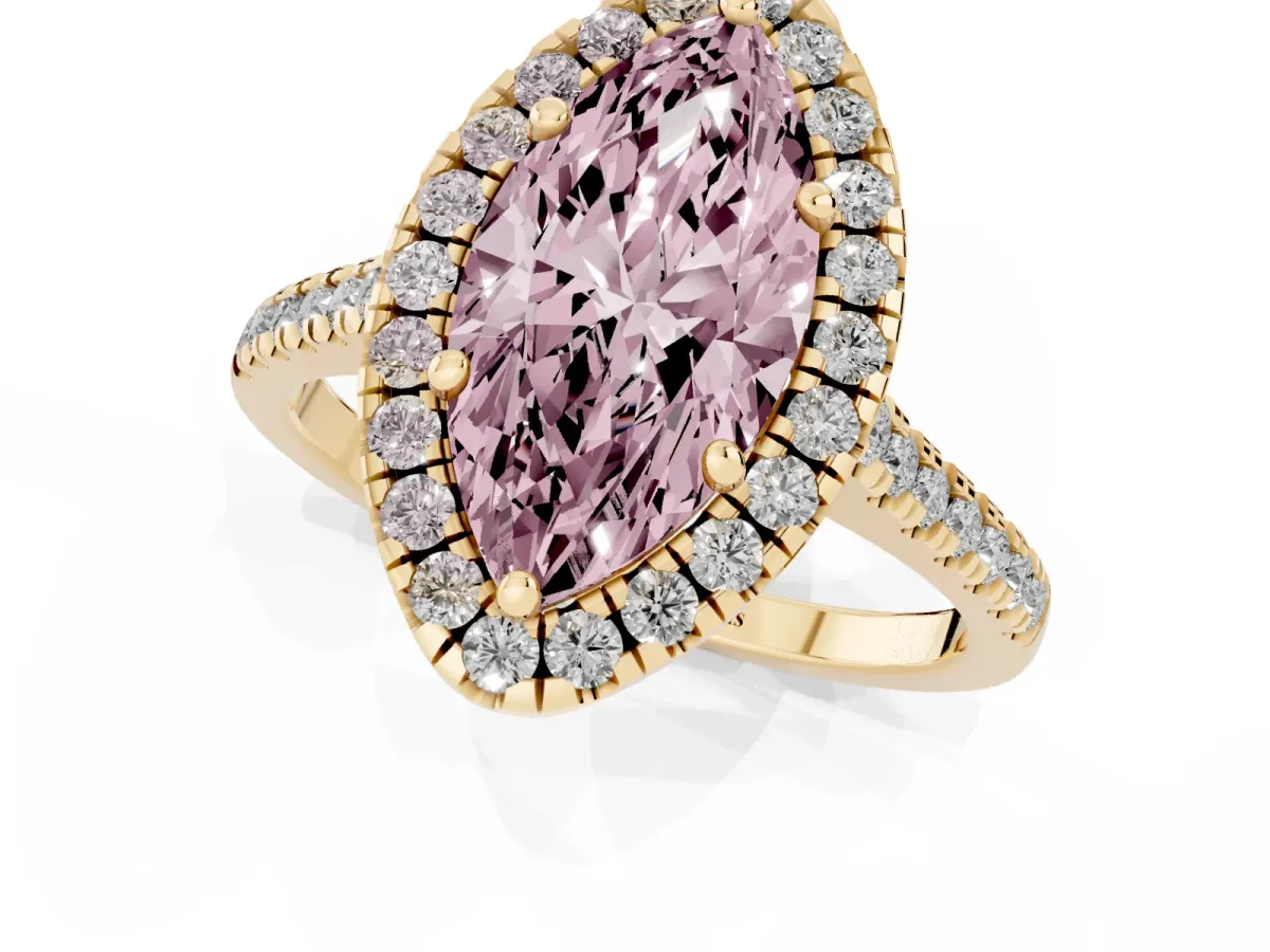 Fancy Pink Marquise Cut Diamond Cushion Halo Ring with Pavé Band Yellow gold