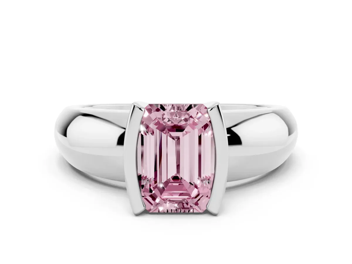 Fancy Pink Emerald Cut Solitaire Tension Set Diamond Ring with Wide Band White gold