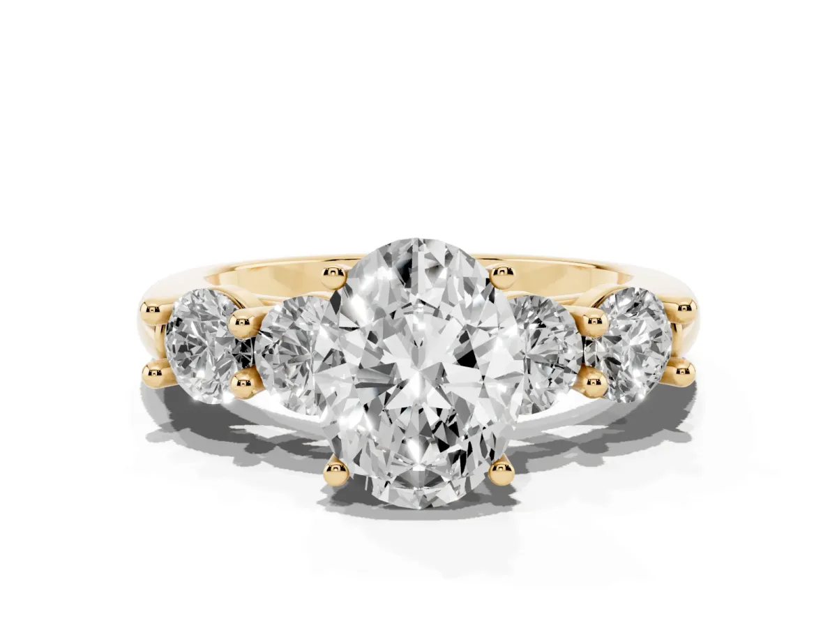 Oval Cut Cut Five-Stone Prong Set Diamond Ring with Classic Band Yellow gold