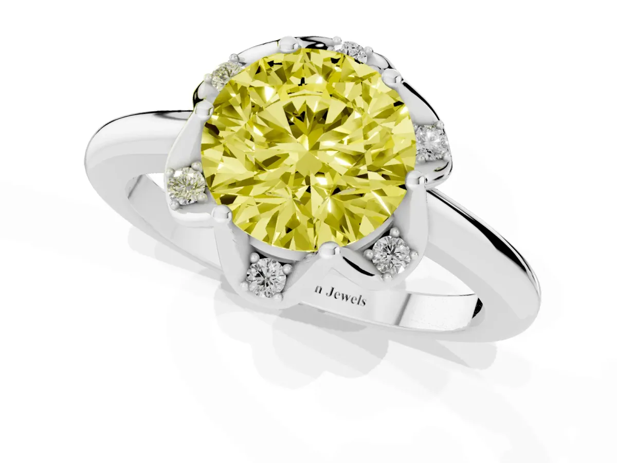 Fancy Yellow Round Cut Halo Diamond Ring with Round Cluster Setting, Solitaire Band, and Four-Prong Setting White gold
