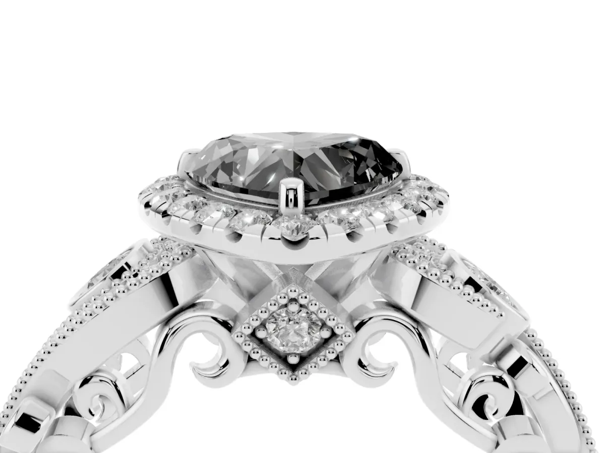 Fancy Black Heart Cut Halo Diamond Ring with Milgrain and Bezel Accents on a Split Shank Band White gold