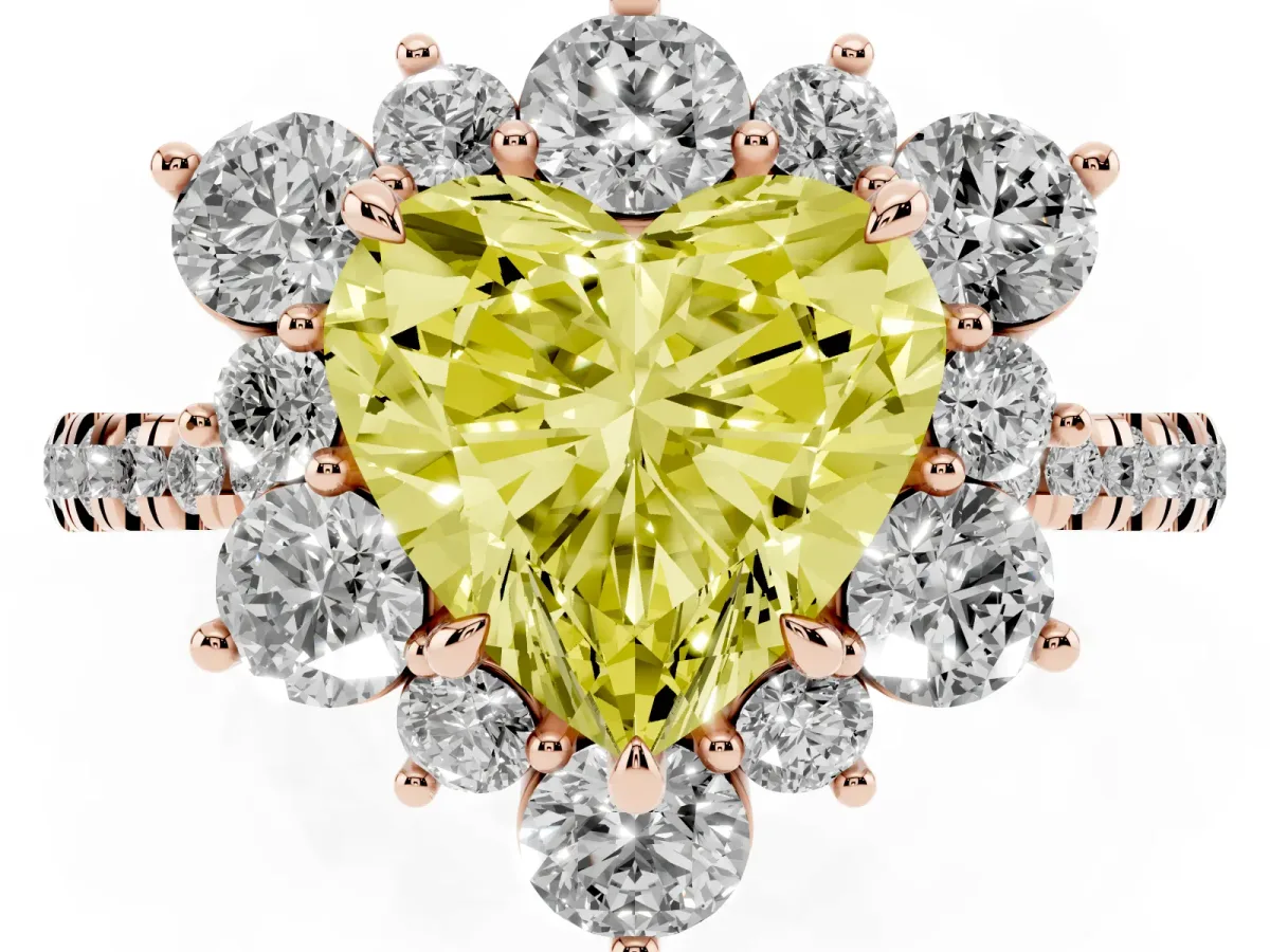 Fancy Yellow Heart Cut Diamond Floral Halo Ring with Round Pavé Band and Prong Setting Rose gold