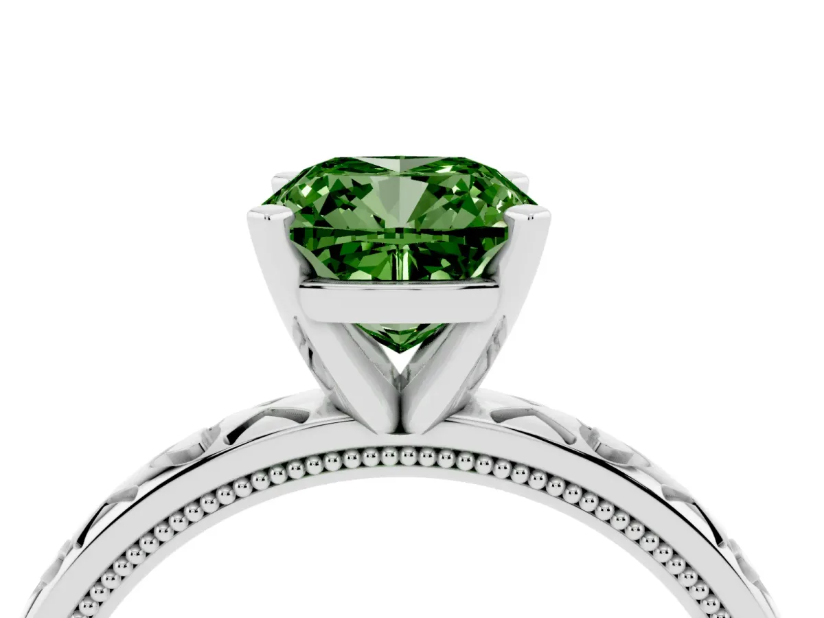 Fancy Green Cushion Cut Solitaire Diamond Engagement Ring with XO Engraved Band and Four-Prong Setting Platinum