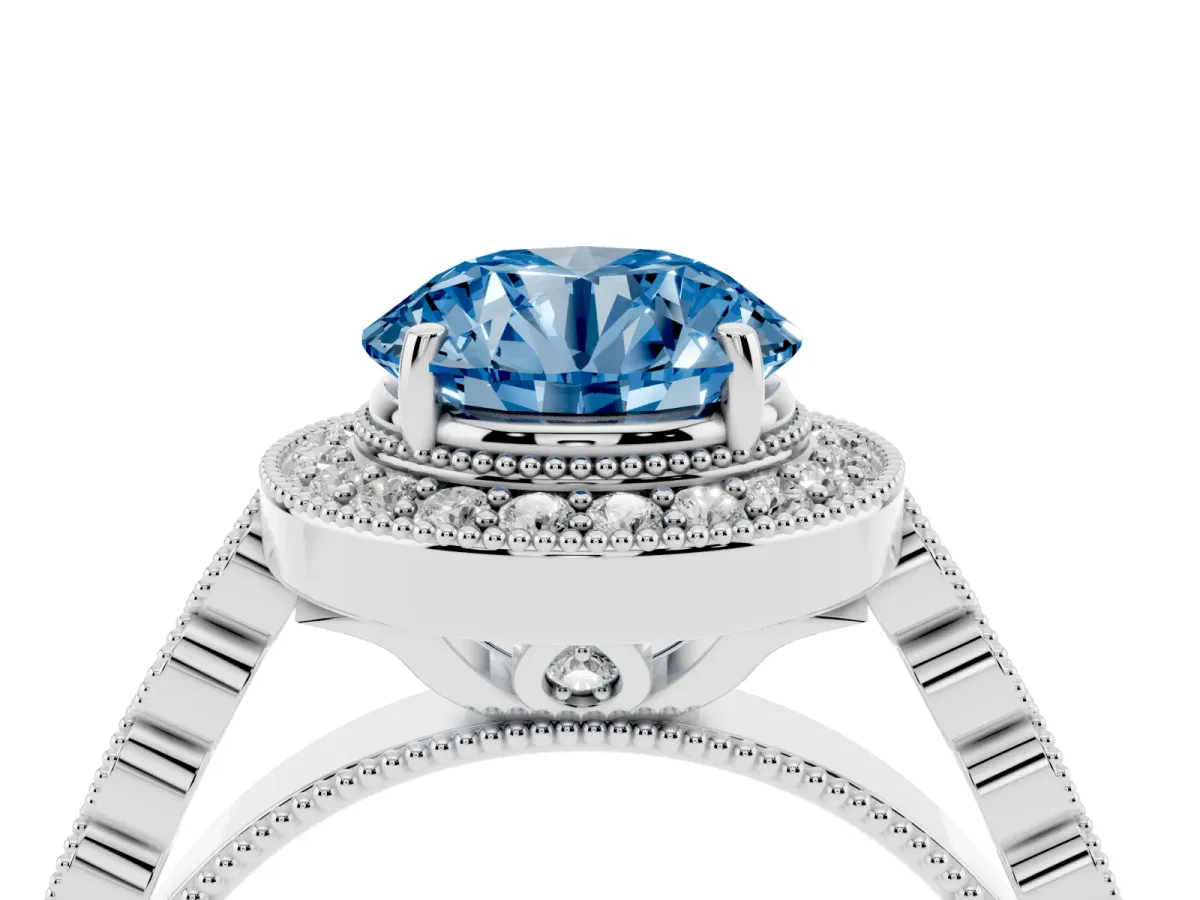 Fancy Blue Round Cut Halo Milgrain Solitaire with Bezel Set Side Stones and Pave Band Silver