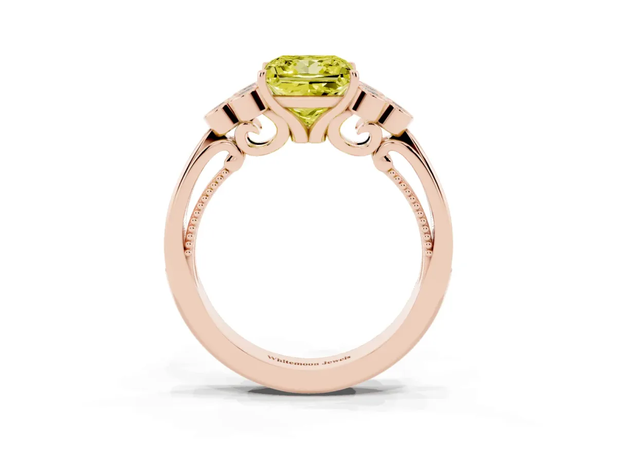 Fancy Yellow Princess Cut Cut Diamond Engagement Ring with Bezel Set Round Side Stones and Prong Setting Rose gold