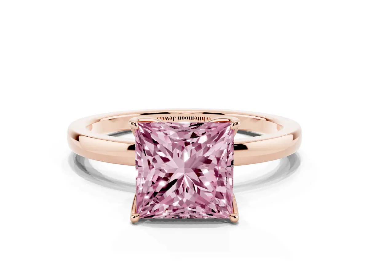 Fancy Pink Princess Cut Diamond Solitaire Ring with Thin Band and Prong Setting Rose gold