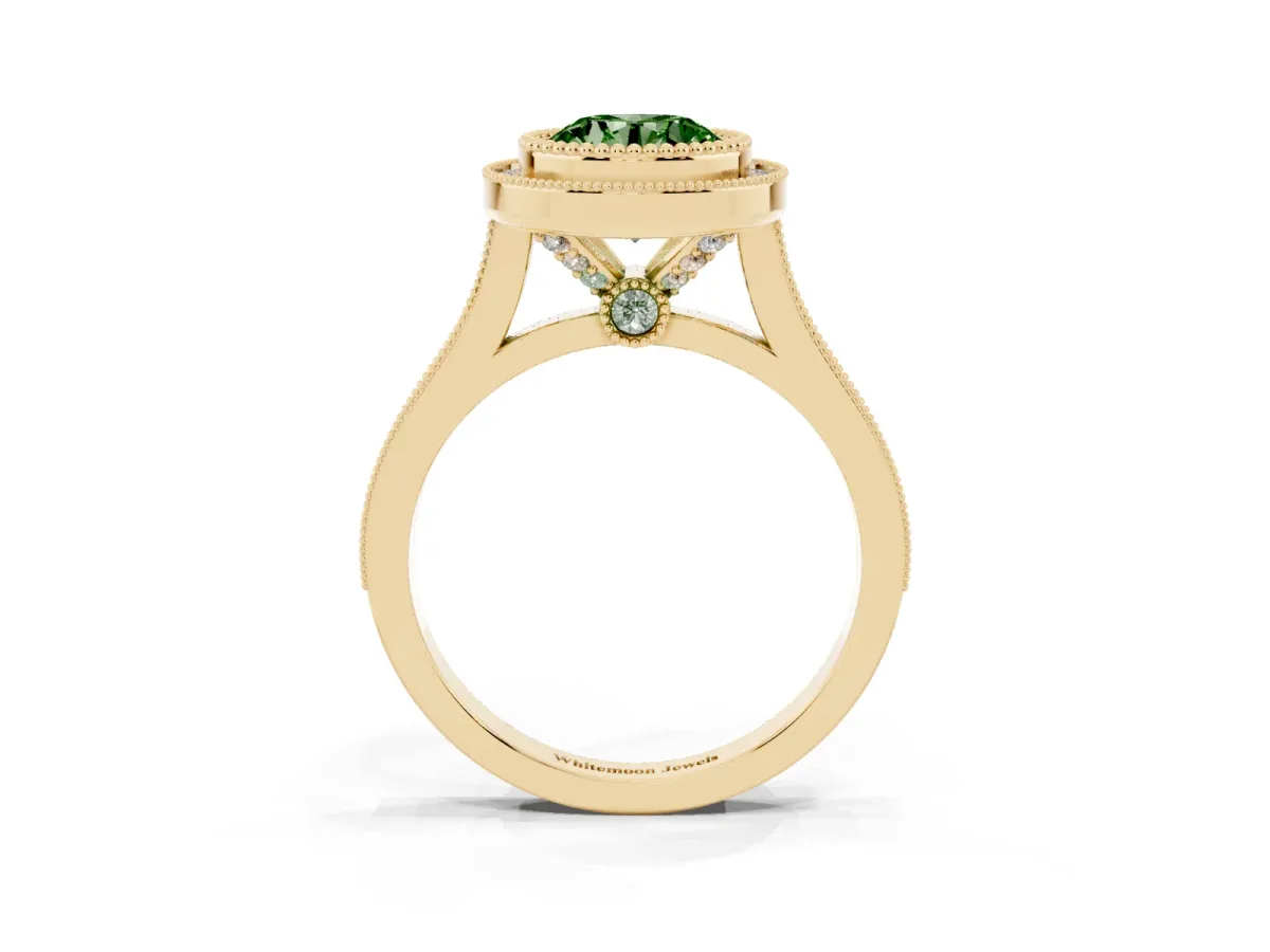 Fancy Green Round Cut Diamond Halo Ring with Milgrain Frame and Pavé Band Yellow gold