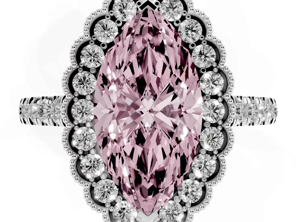 Fancy Pink Marquise Cut Cut Diamond Milgrain Floral Halo Engagement Ring with Pavé Band Silver