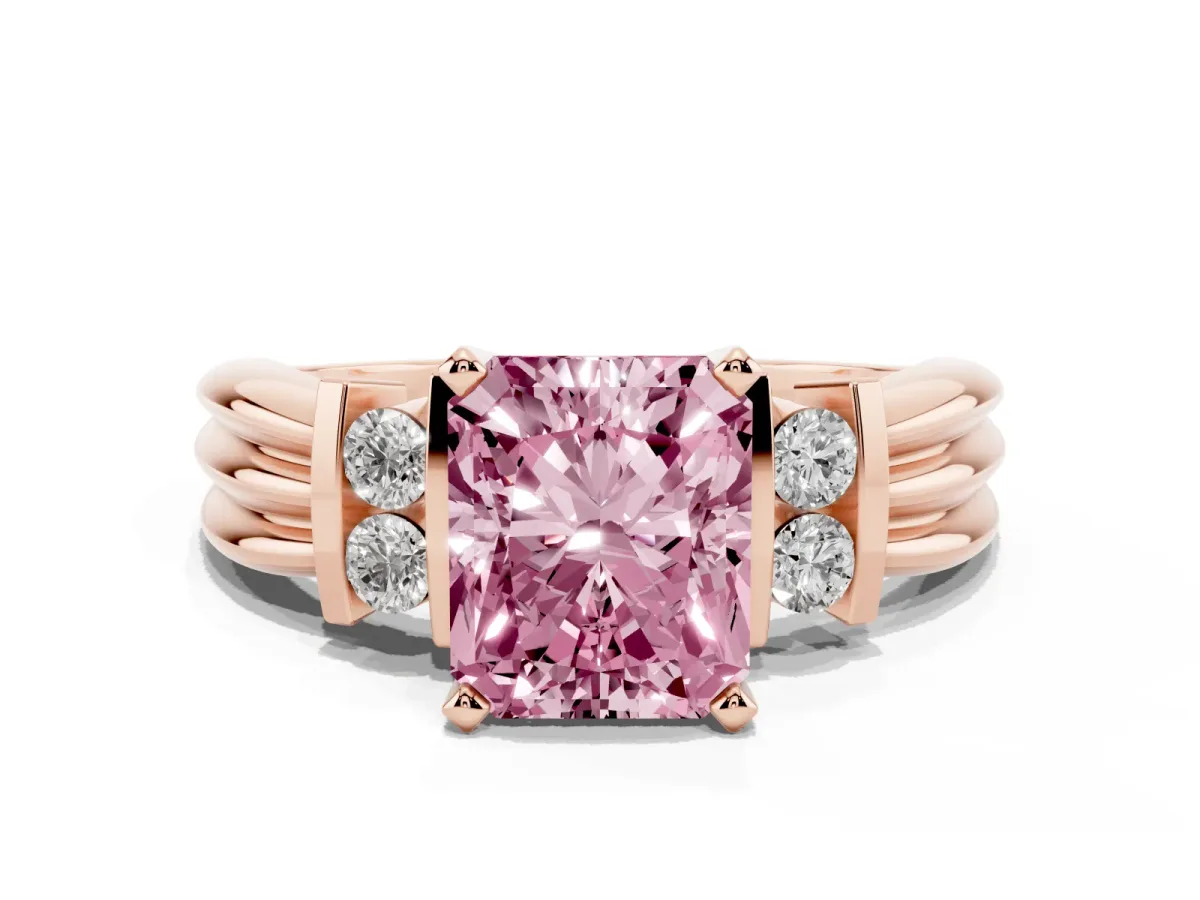 Fancy Pink Radiant Cut Cut Three-Stone Channel Set Ring with Bar Prongs Rose gold