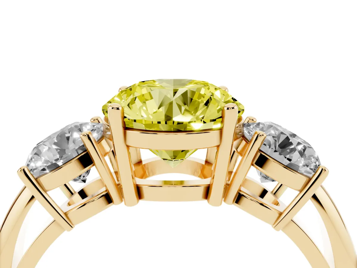 Fancy Yellow Three-Stone Round Cut Cut Diamond Engagement Ring with Prong Setting on a White Gold Band Yellow gold