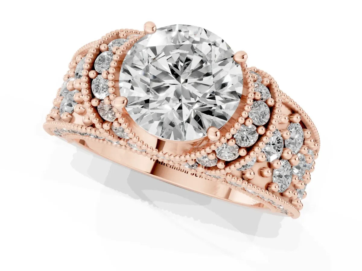 Round Cut Halo Pave Diamond Engagement Ring with Milgrain Detailing Rose gold