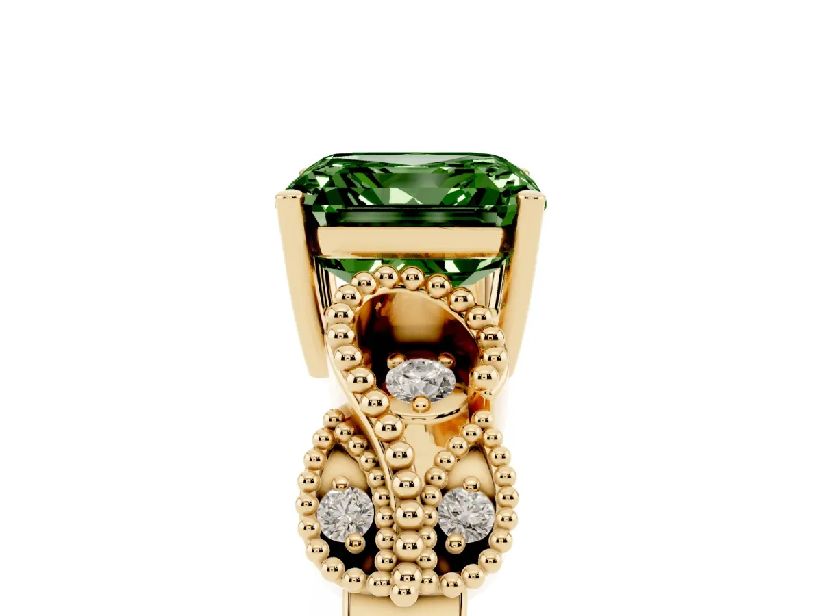 Fancy Green Asscher Cut Solitaire Milgrain Leaf Band with Prong Setting Yellow gold