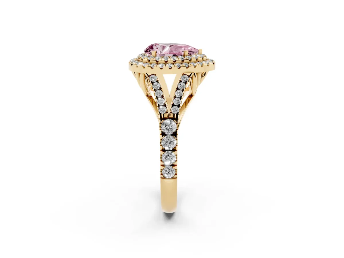 Fancy Pink Double Halo Pear Cut Diamond Split Shank Engagement Ring with Four-Prong Setting Yellow gold