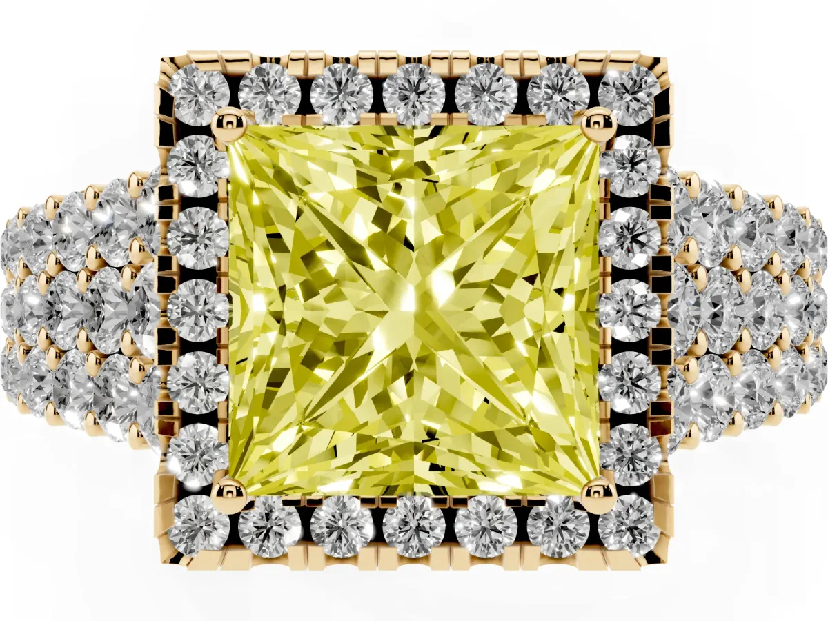 Fancy Yellow Princess Cut Diamond Halo Engagement Ring with Triple Row Round Pavé Band and Prong Setting Yellow gold